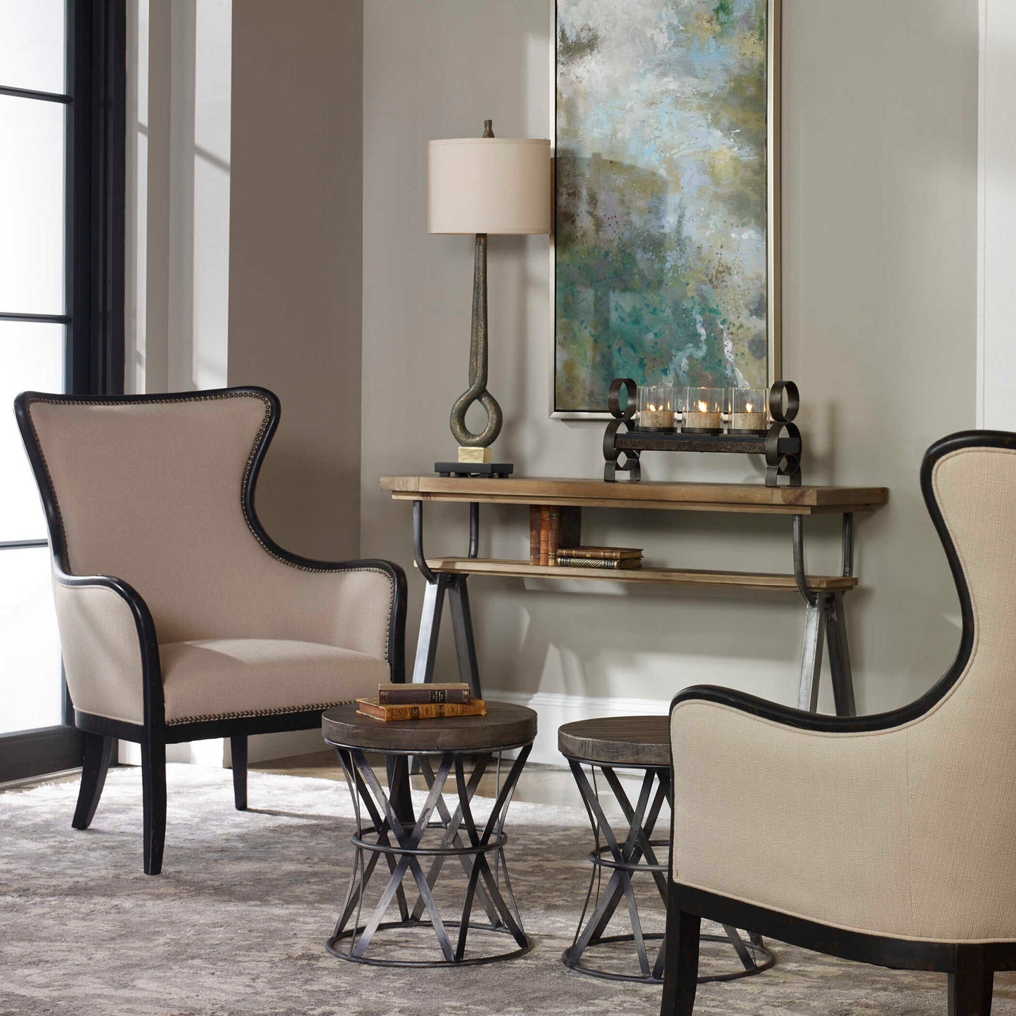Sandy - Wing Back Armchair - Beige & Dark Brown