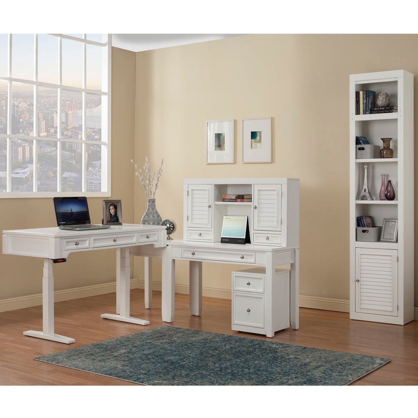 Boca - Power Lift L Desk With Hutch File And Bookcase - Cottage White