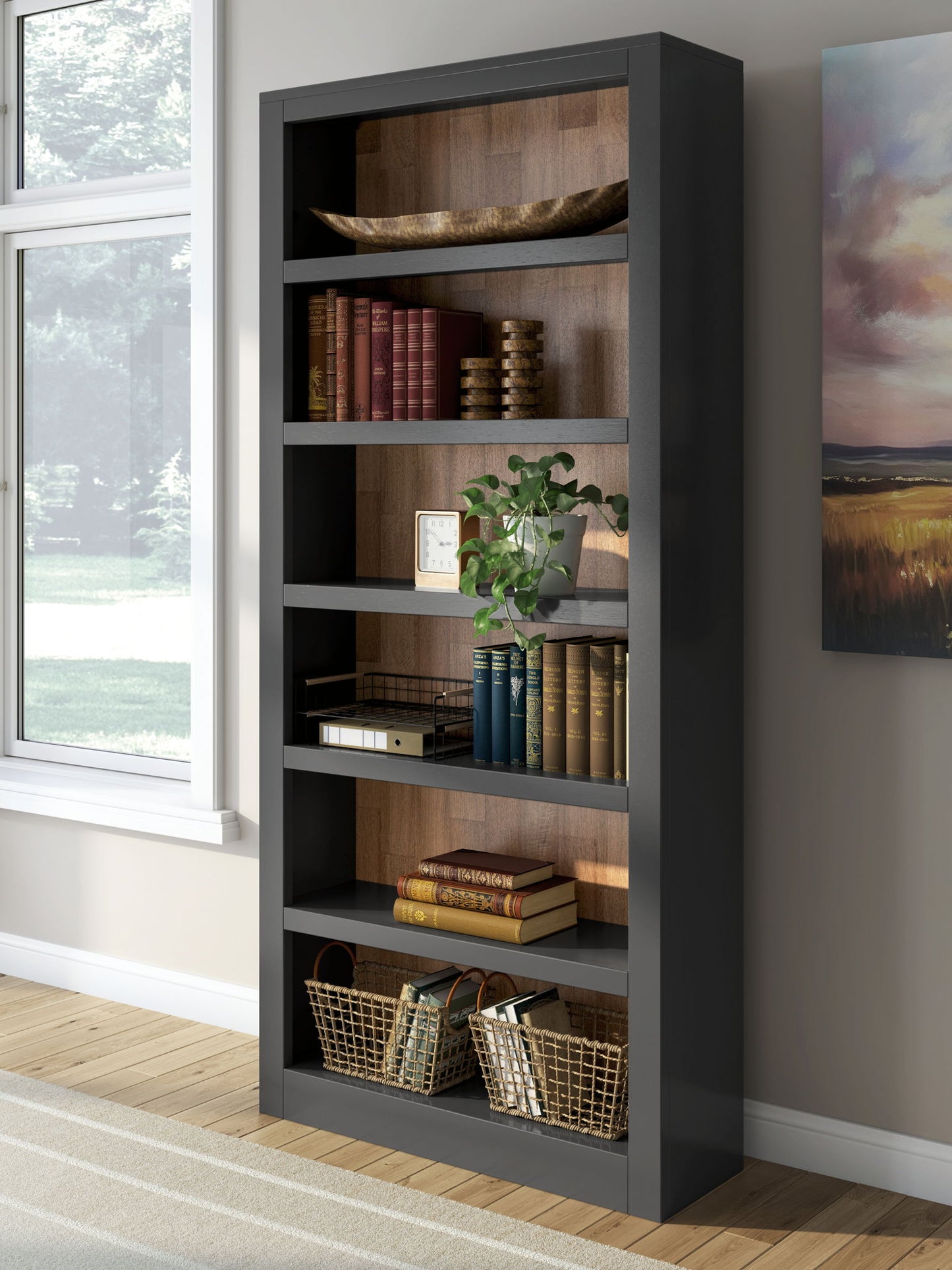 Wildenauer - Brown / Black - 4 Pc. - Home Office Desk And Return, Swivel Desk Chair, Bookcase