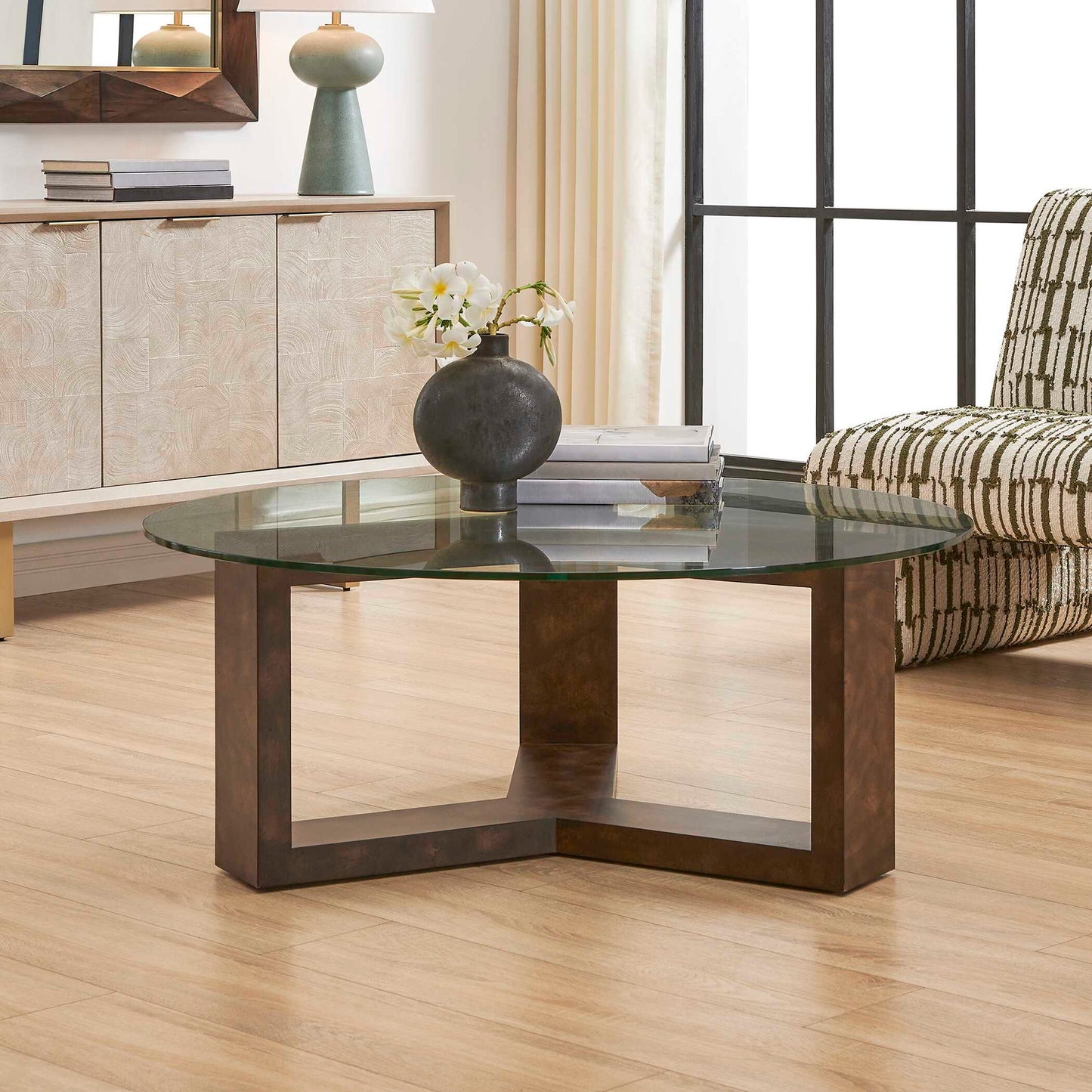 Ignis - Round Glass Coffee Table - Brown / Woodtone