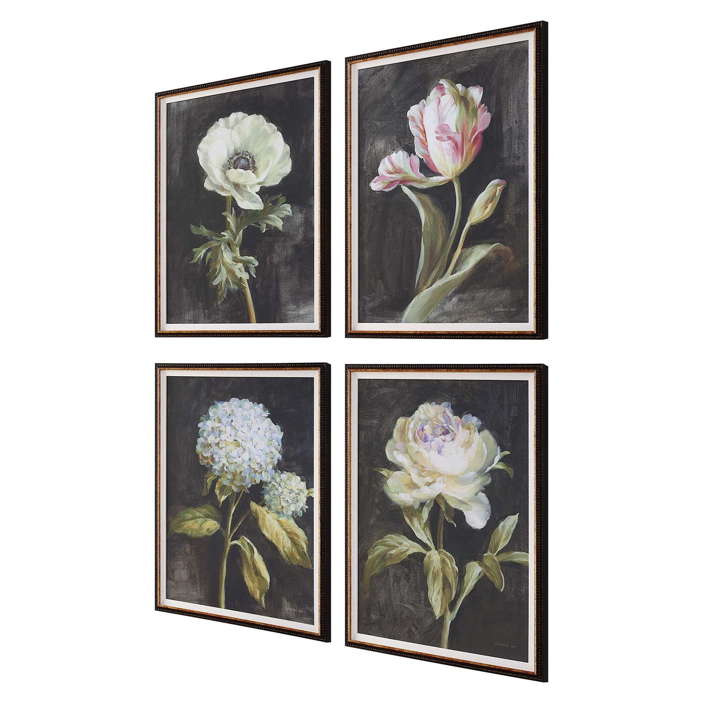 Florals On Black - Framed Prints (Set of 4) - Black