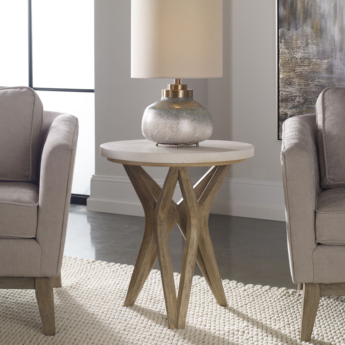 Marnie - Limestone Side Table - White & Light Brown