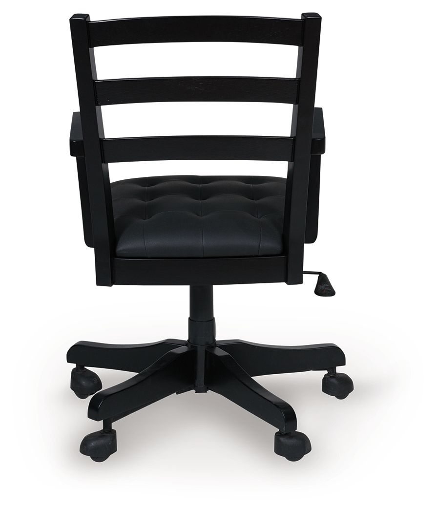 Wildenauer - Brown / Black - 4 Pc. - Home Office Desk And Return, Swivel Desk Chair, Bookcase