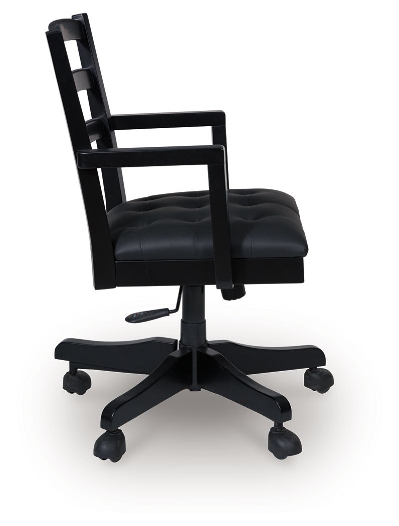 Wildenauer - Brown / Black - 4 Pc. - Home Office Desk And Return, Swivel Desk Chair, Bookcase