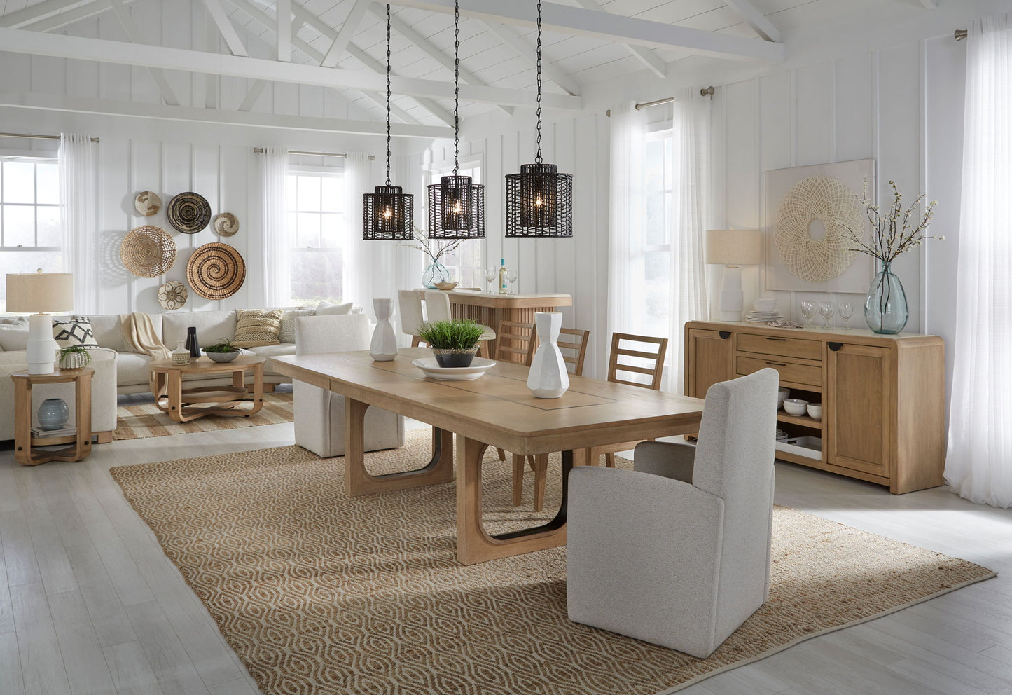 Escape - Dining Buffet Server With Stone Top - Glazed Natural Oak / Natural Cane / Vanilla Bean Stone