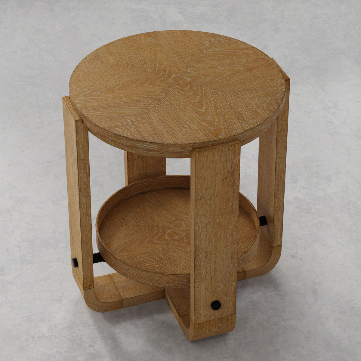 Escape - Round End Table With Shelf - Glazed Natural Oak / Black Metal Trim