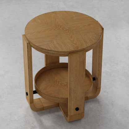 Escape - Round End Table With Shelf - Glazed Natural Oak / Black Metal Trim