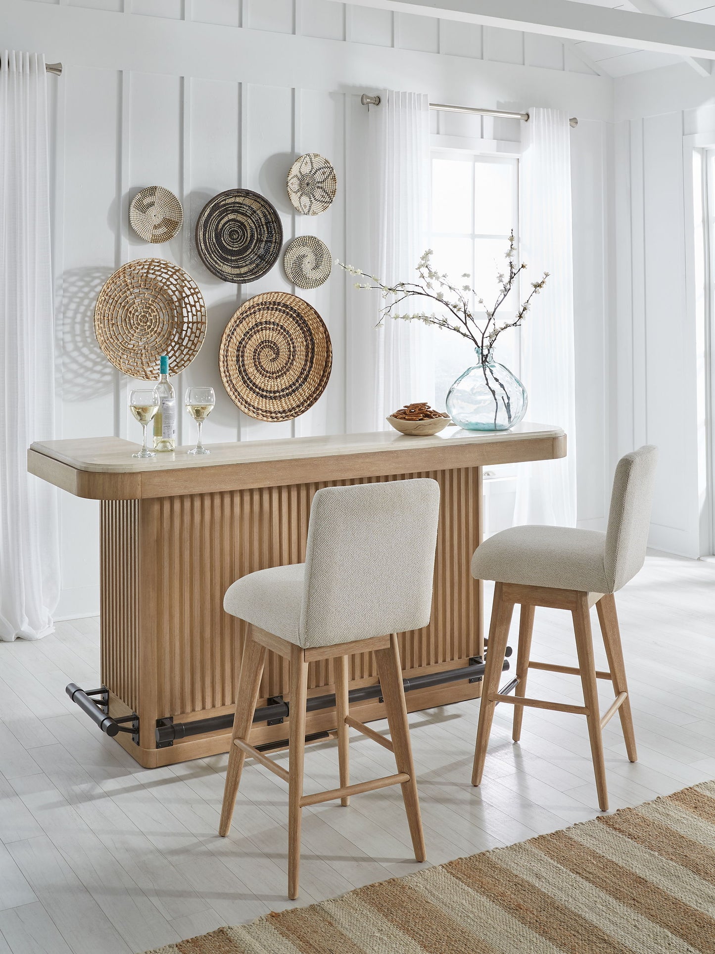 Escape - 78" Dining Bar With 2 Upholstered Swivel Barstools - Glazed Natural Oak