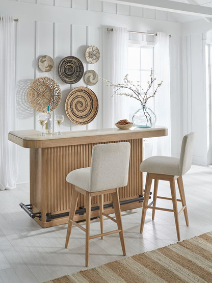 Escape - 78" Dining Bar With 2 Upholstered Swivel Barstools - Glazed Natural Oak