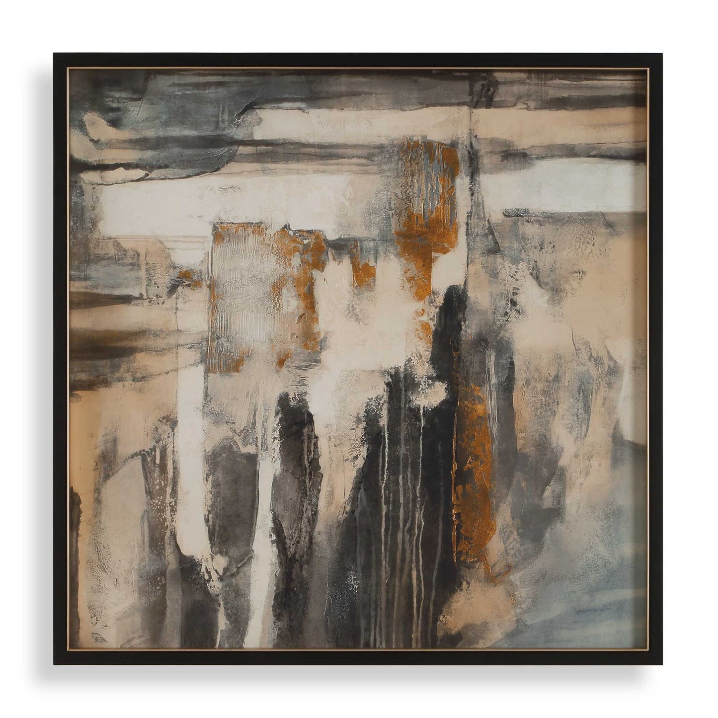 Landslide - Framed Abstract Print - Black / Brass / Gold / Gray / Orange / White / Yellow