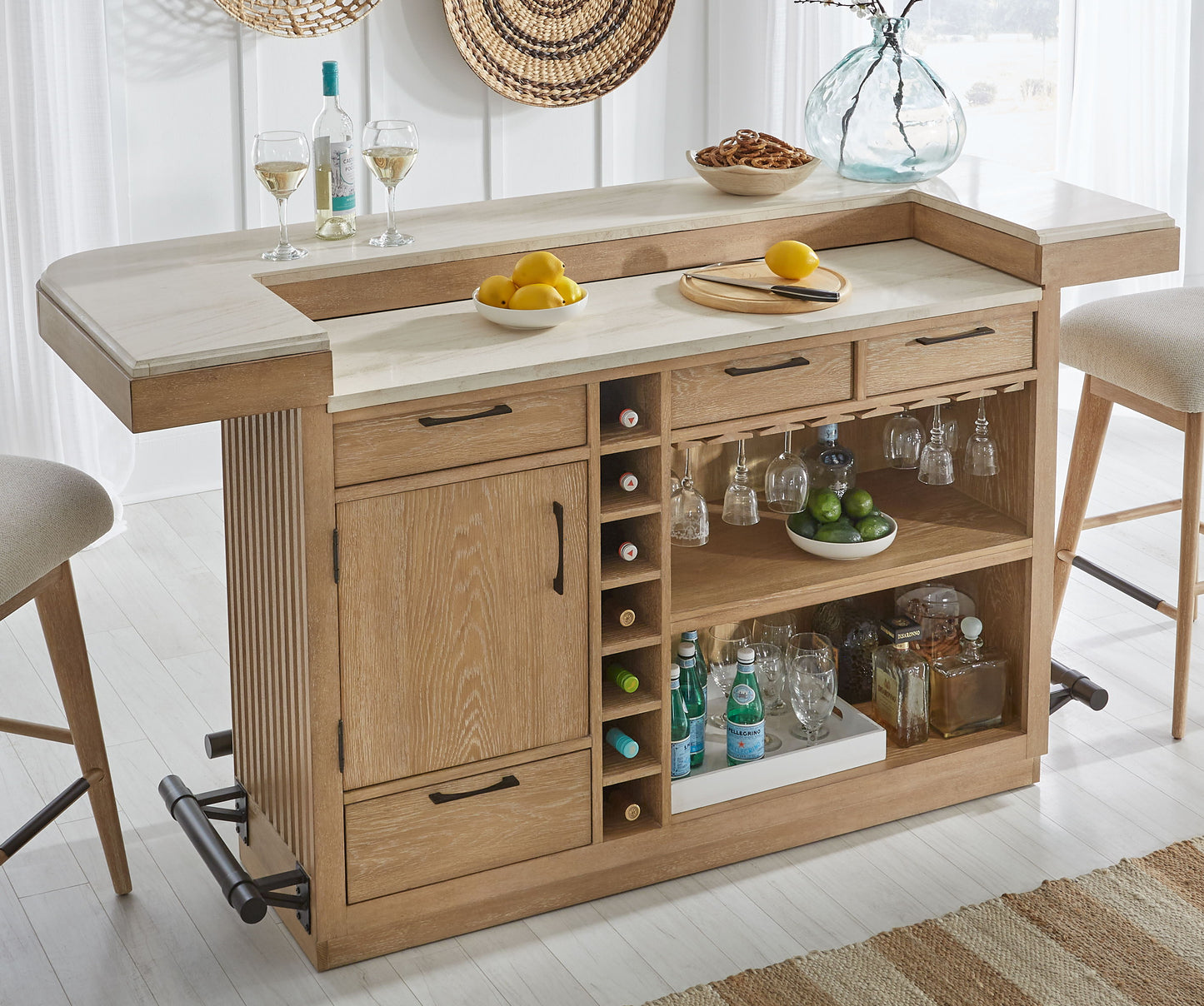 Escape - 78" Dining Bar With 2 Upholstered Swivel Barstools - Glazed Natural Oak