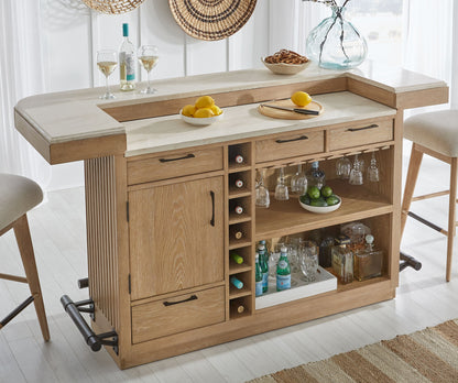 Escape - 78" Dining Bar With 2 Upholstered Swivel Barstools - Glazed Natural Oak