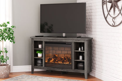 Arlenbry - Gray - Corner TV Stand With Faux Firebrick Fireplace Insert