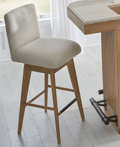Escape - 78" Dining Bar With 2 Upholstered Swivel Barstools - Glazed Natural Oak
