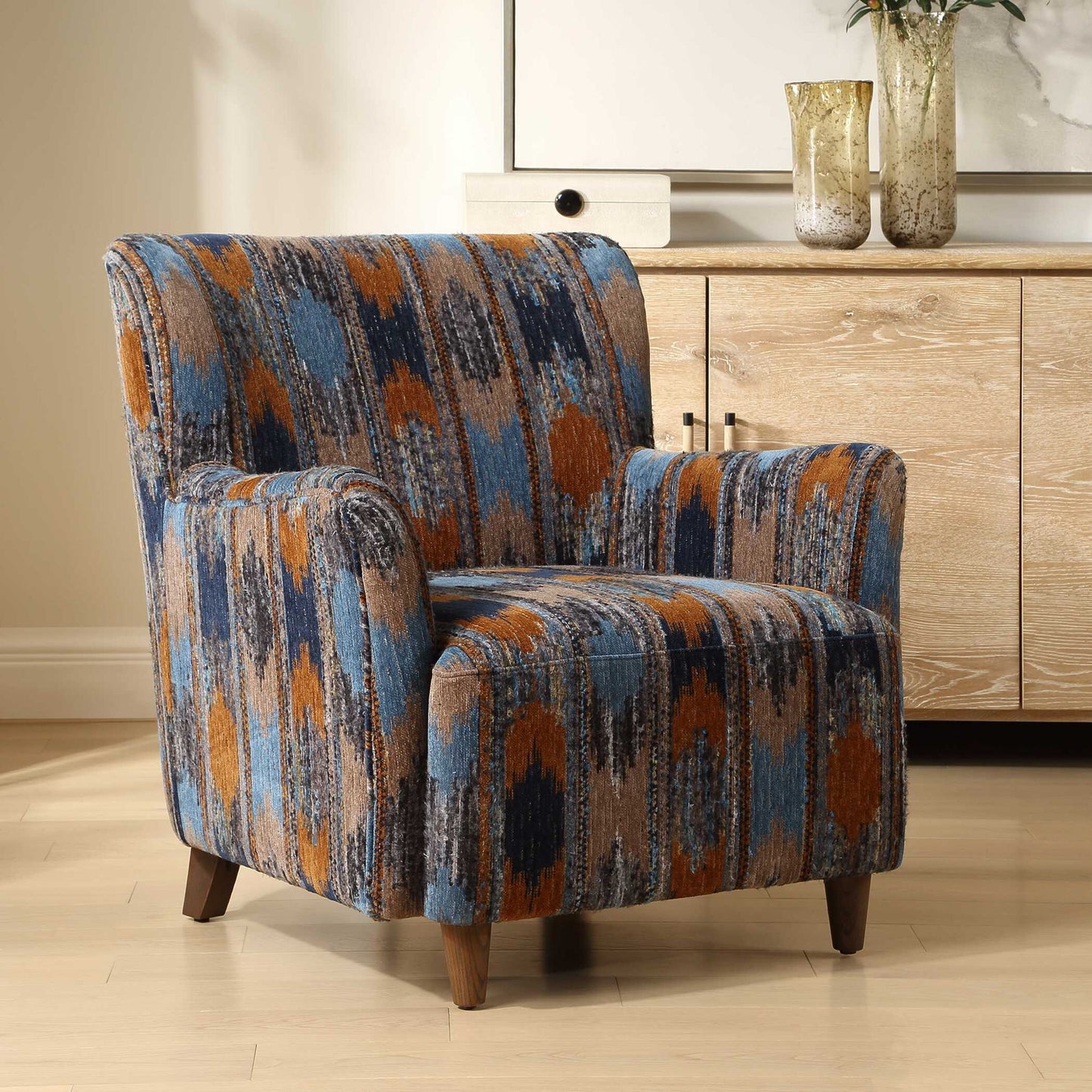 Lainey - Upholstered Ikat Armchair - Blue / Brown / Orange