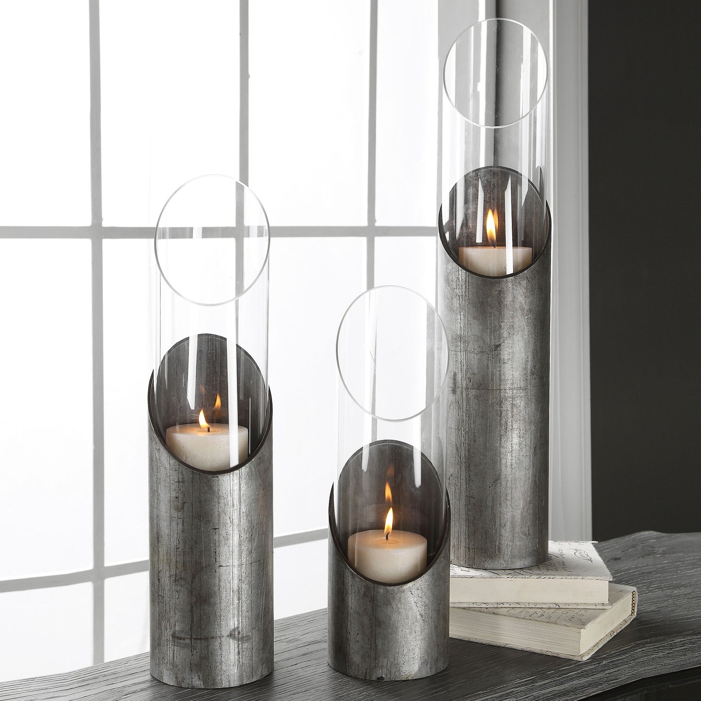 Karter - Iron & Glass Candleholders (Set of 3) - Pearl Silver & Dark Gray