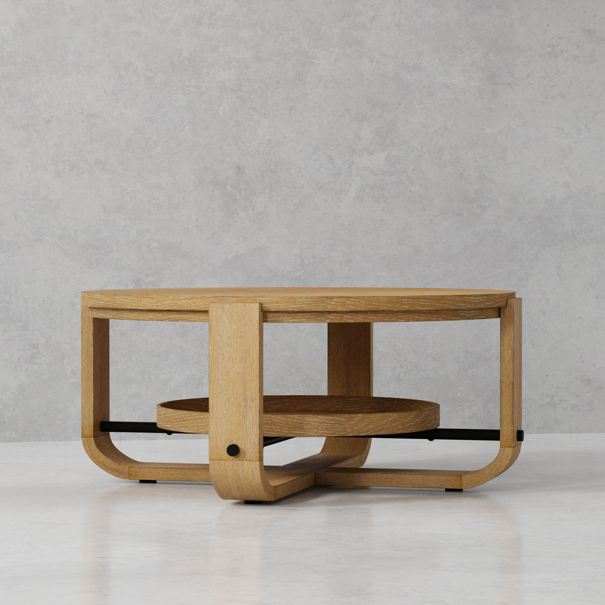 Escape - Cocktail Table Round With Shelf - Glazed Natural Oak / Black Metal Trim