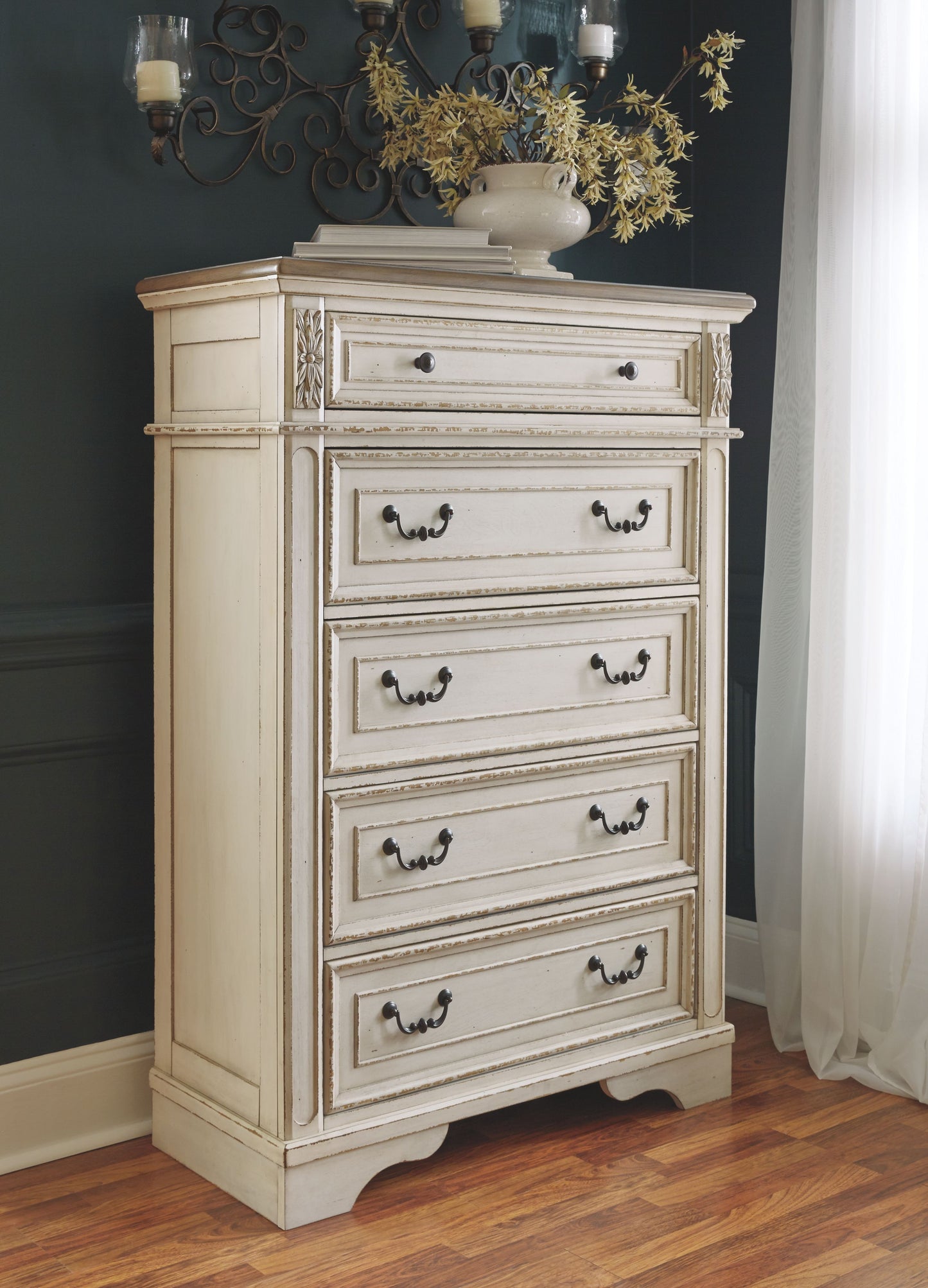 Realyn - White / Brown / Beige - Five Drawer Chest