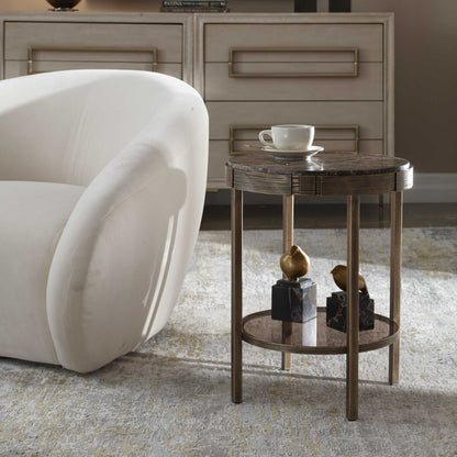Cusano - Round Dark Marble Accent Table - Brass / Brown