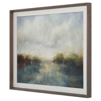 Blue Reverie - Framed Abstract Lake Print - Light Brown