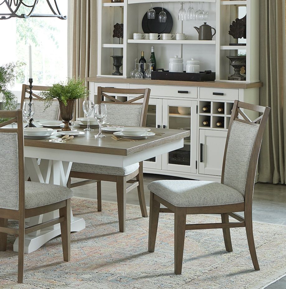 Americana Modern Dining - Extendable Trestle Table With 8 Upholstered Chairs - Light Brown