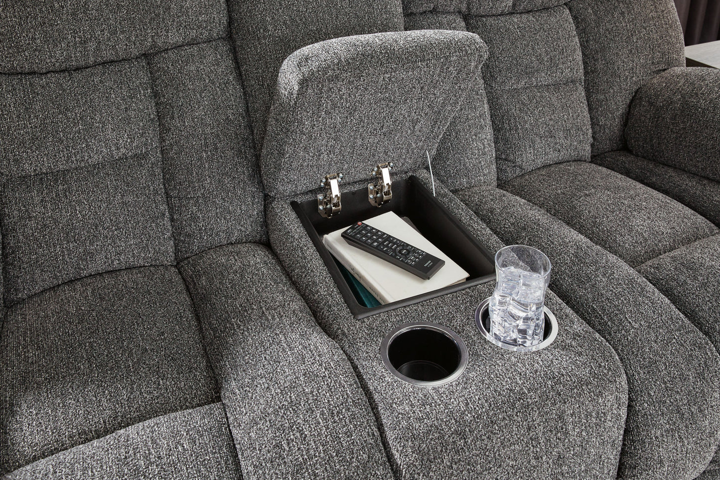 Foreside - Charcoal - Dbl Reclining Loveseat with Console