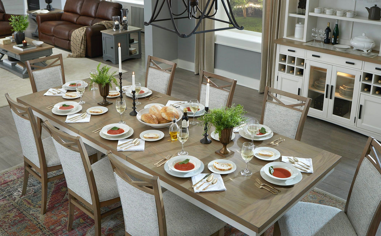 Americana Modern Dining - Extendable Trestle Table With 8 Upholstered Chairs - Light Brown