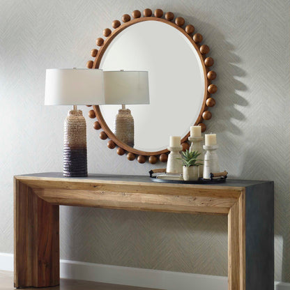 Cyra - Wood Beaded Round Mirror - Bronze