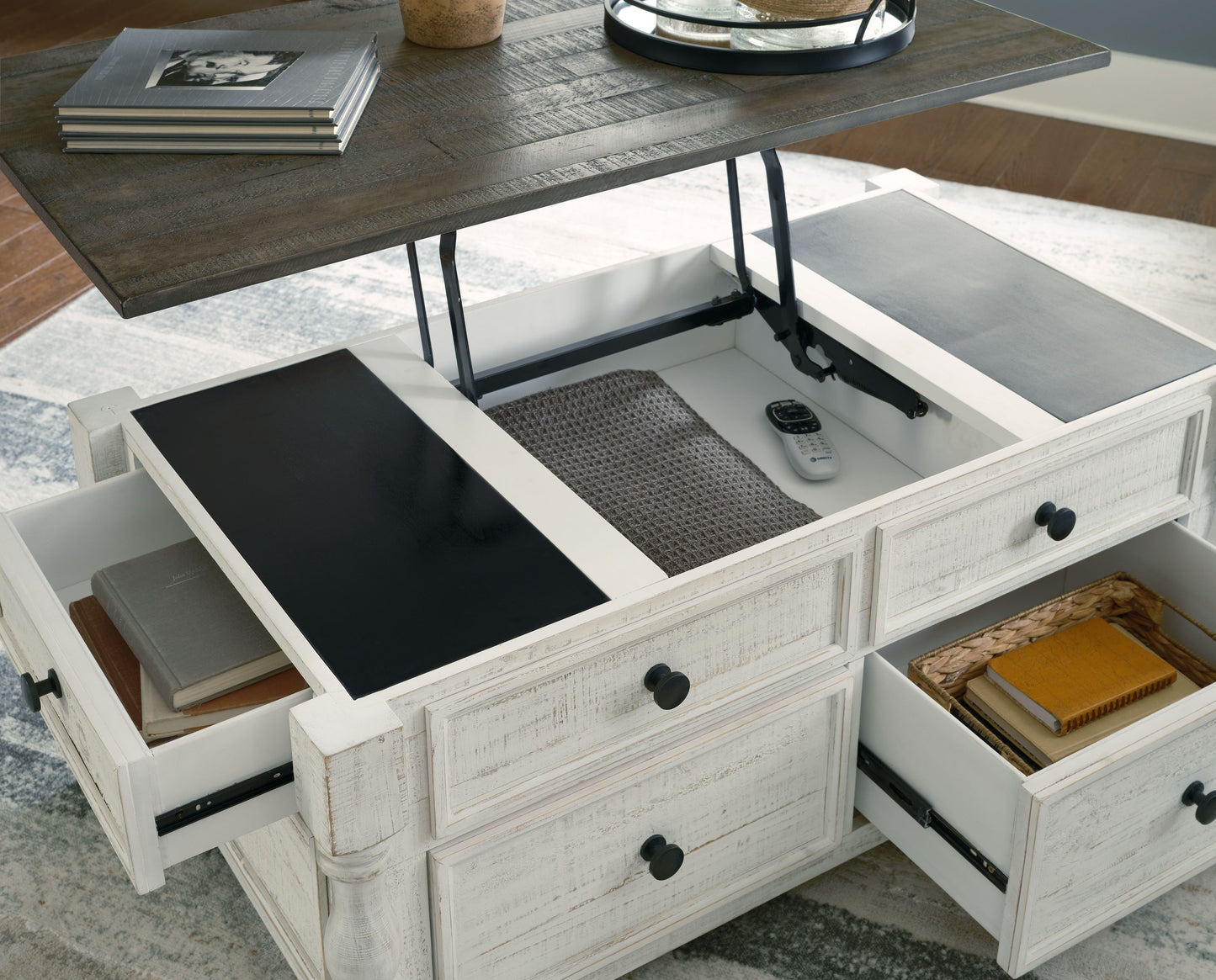 Havalance - White / Gray - Lift Top Cocktail Table with Storage Drawers