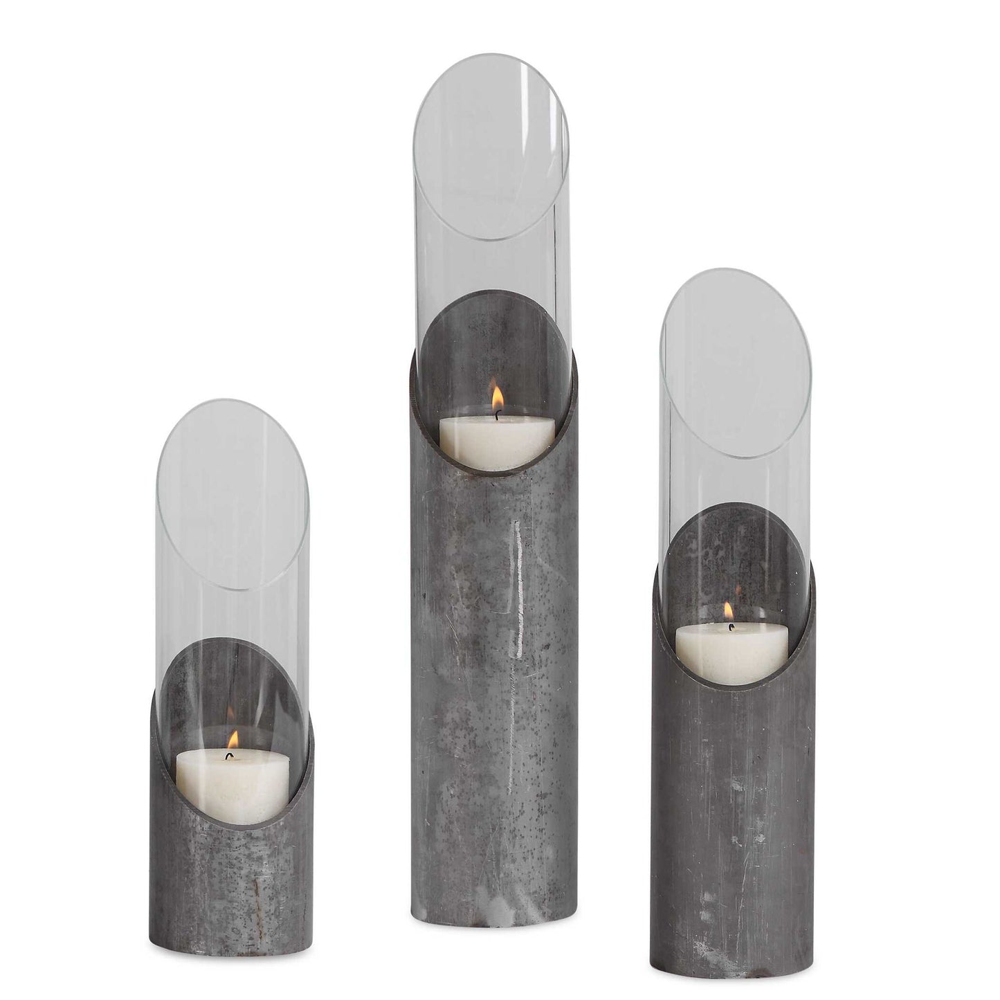 Karter - Iron & Glass Candleholders (Set of 3) - Pearl Silver & Dark Gray