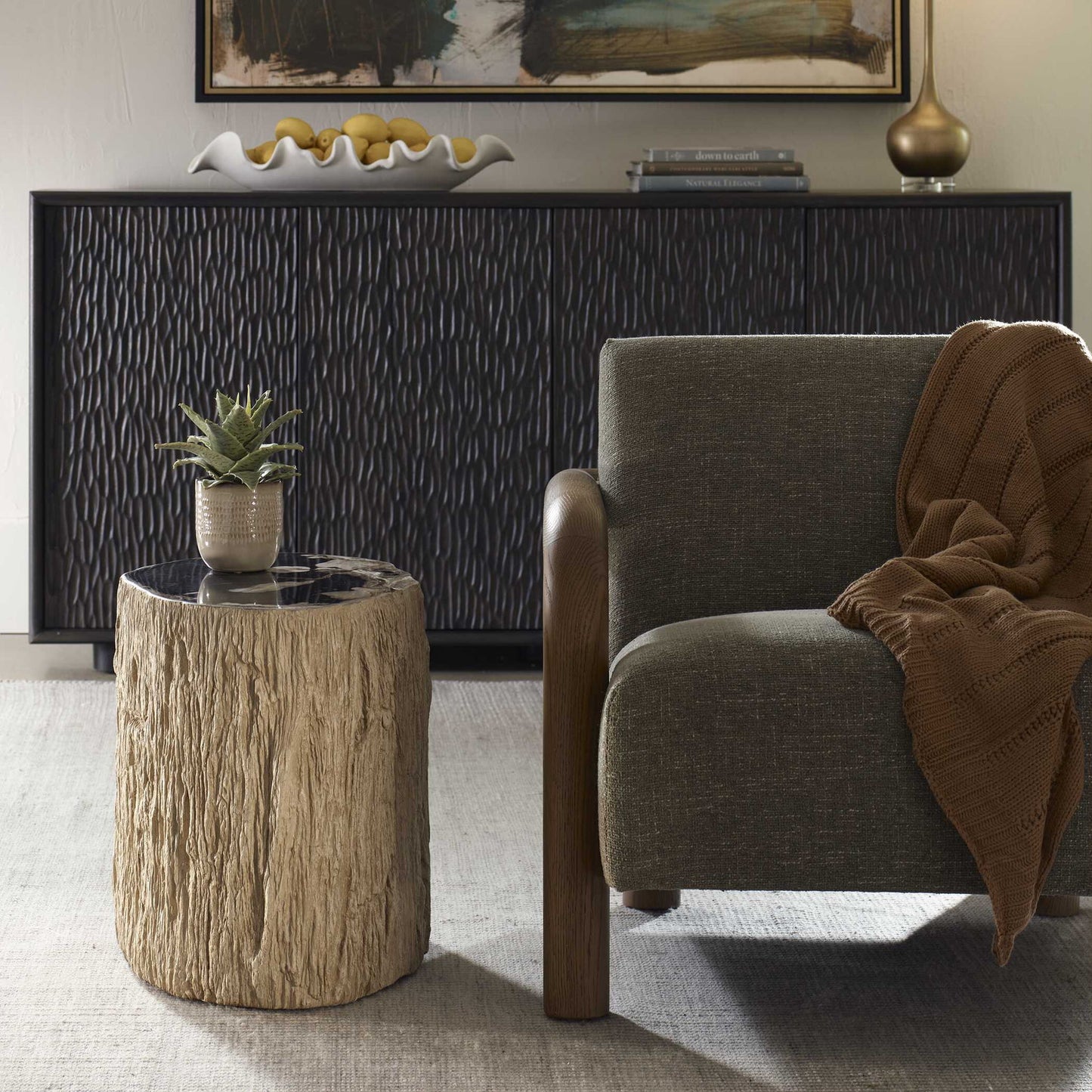 Arco - Petrified Wood Top Accent Table - Black / White