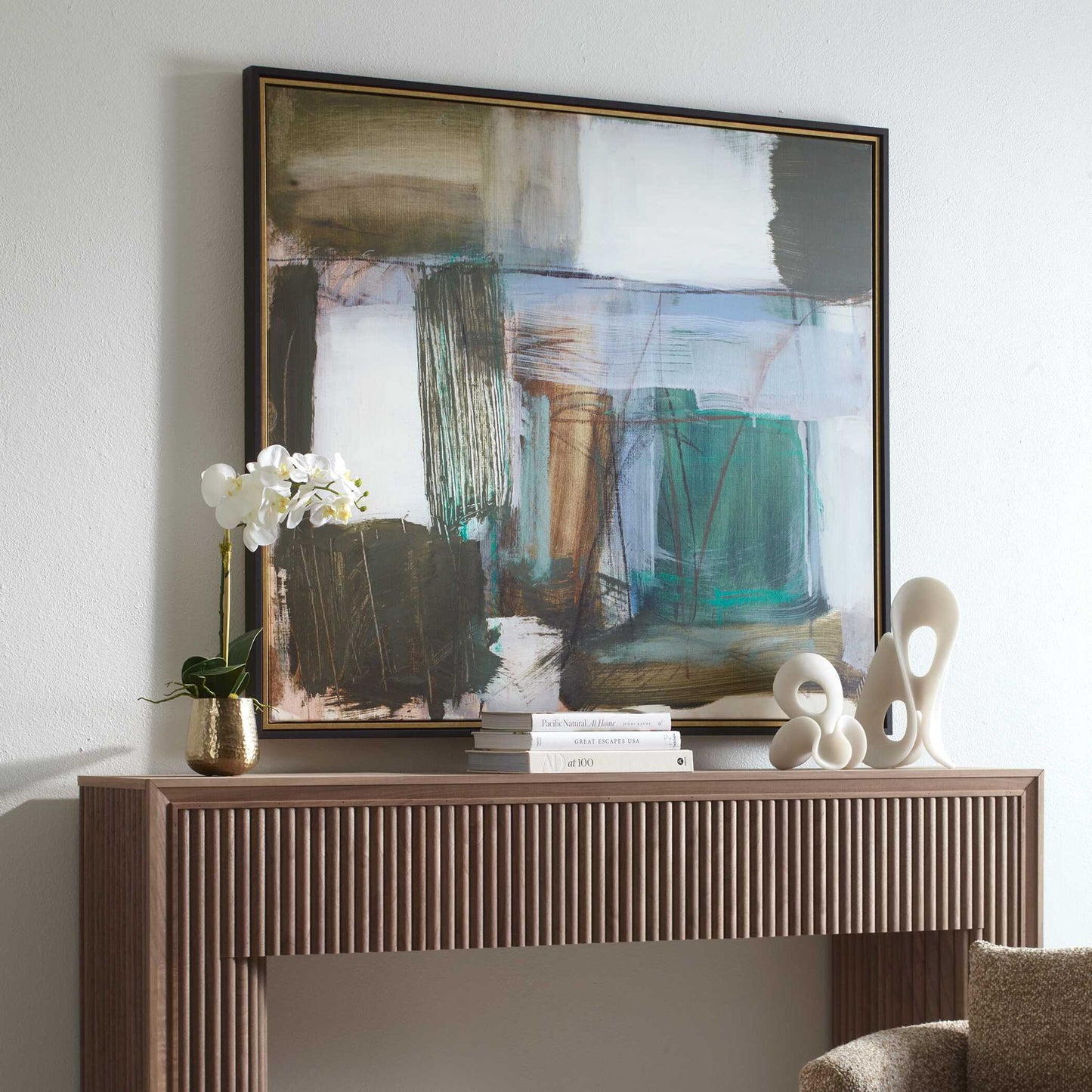 Green Fields - Framed Abstract Canvas - Black / Blue / Green / Orange / White / Yellow