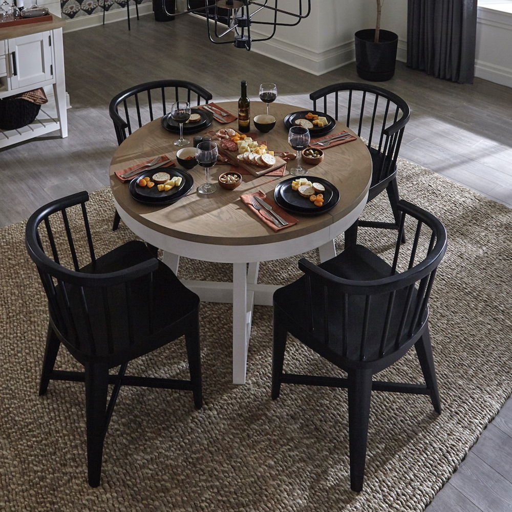 Americana Modern Dining - 48 - 66" Round Dining Table And 4 Barrel Chairs - Cotton