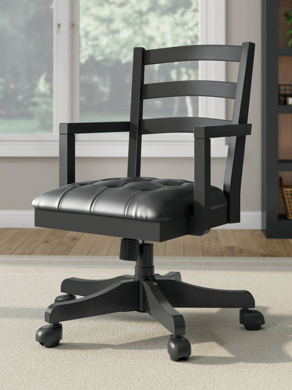 Wildenauer - Brown / Black - 4 Pc. - Home Office Desk And Return, Swivel Desk Chair, Bookcase