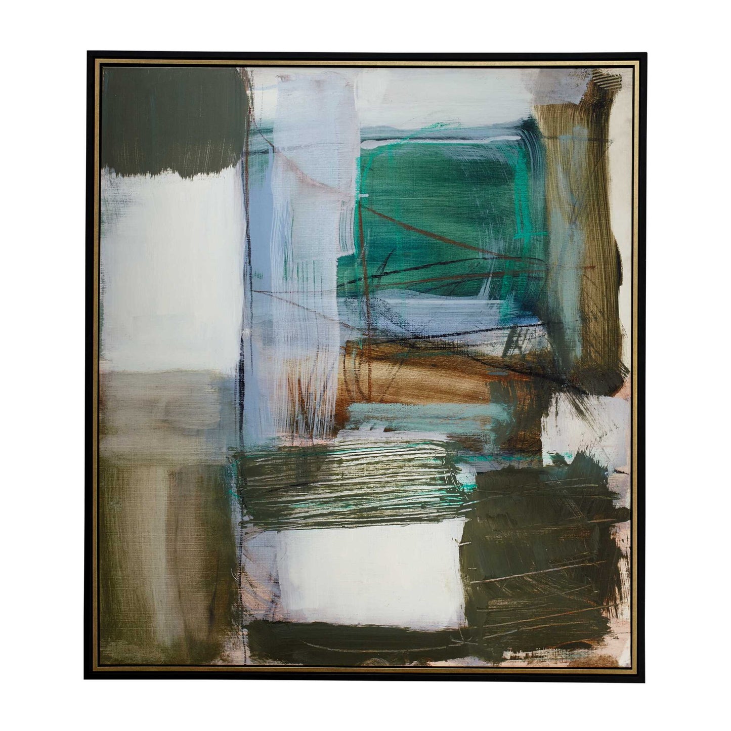 Green Fields - Framed Abstract Canvas - Black / Blue / Green / Orange / White / Yellow