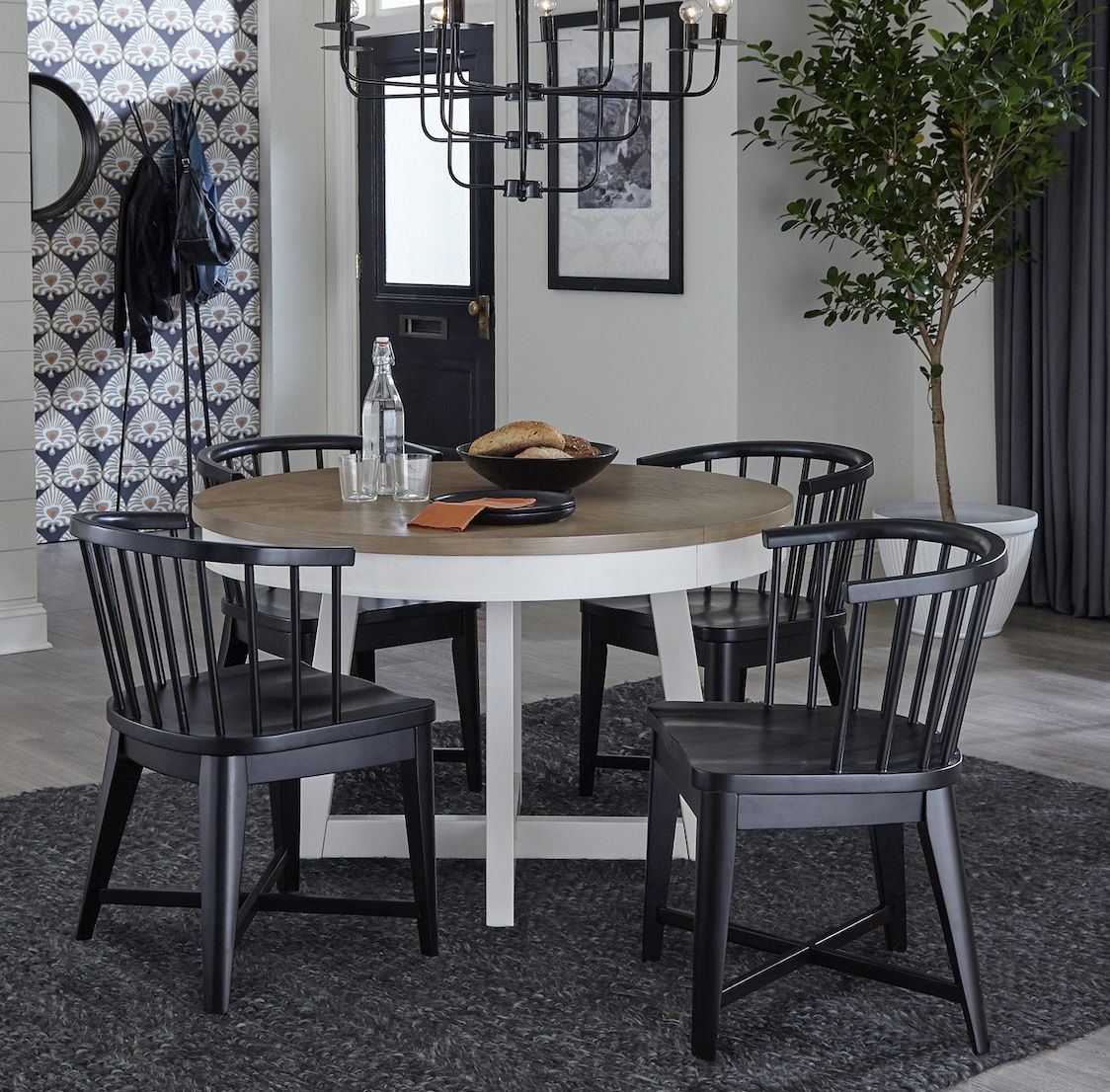 Americana Modern Dining - Round Dining Table And 4 Black Barrel Chairs - Cotton