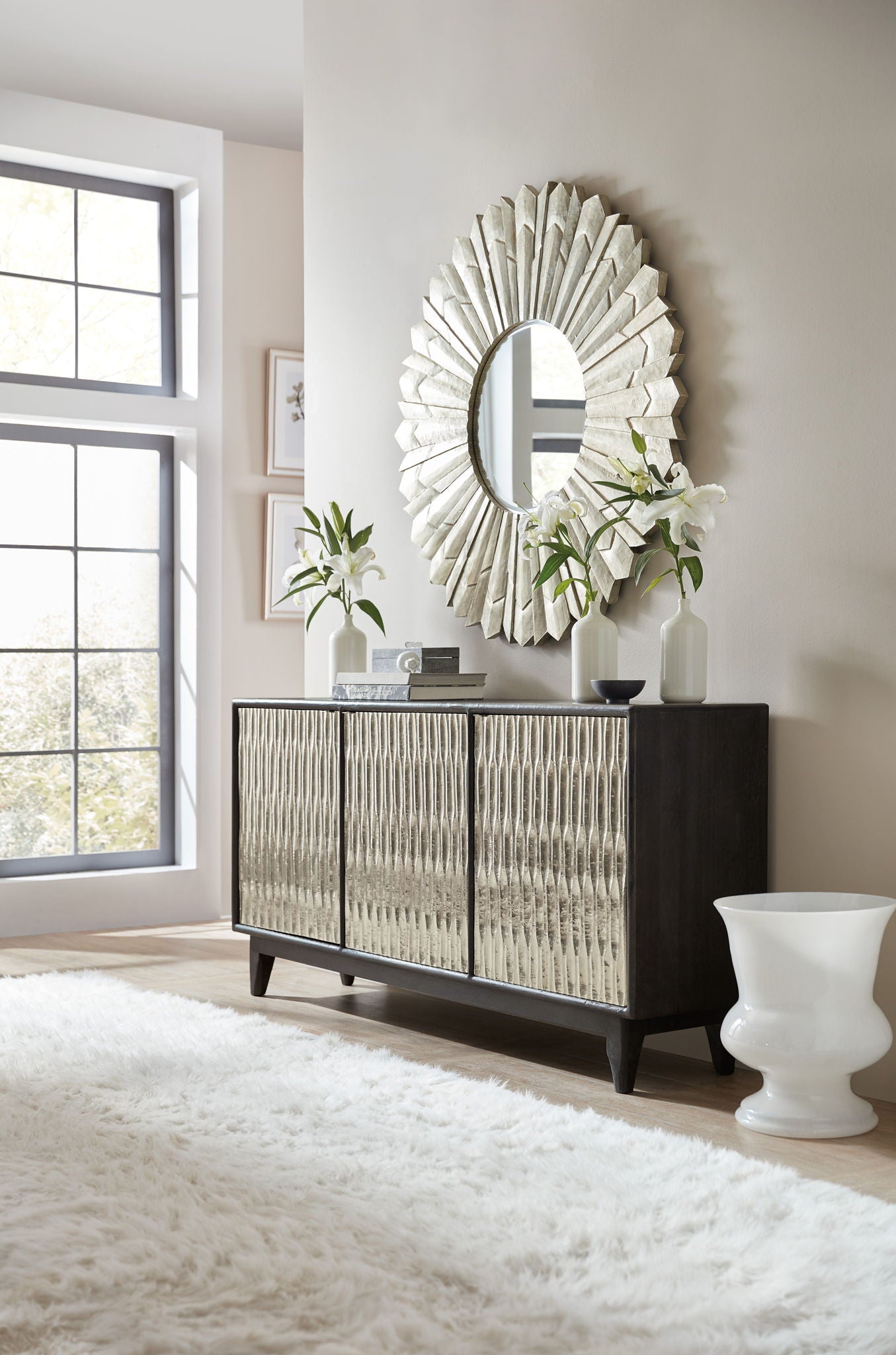 Commerce And Market - Shimmer 3-Door Credenza - Dark Gray / Pearl Silver