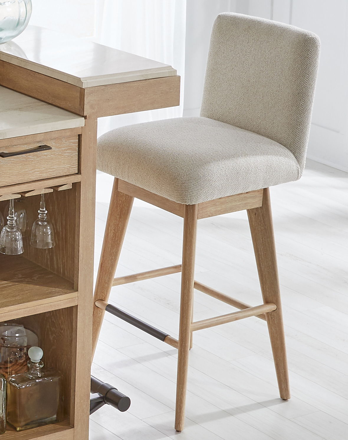 Escape - 78" Dining Bar With 2 Upholstered Swivel Barstools - Glazed Natural Oak